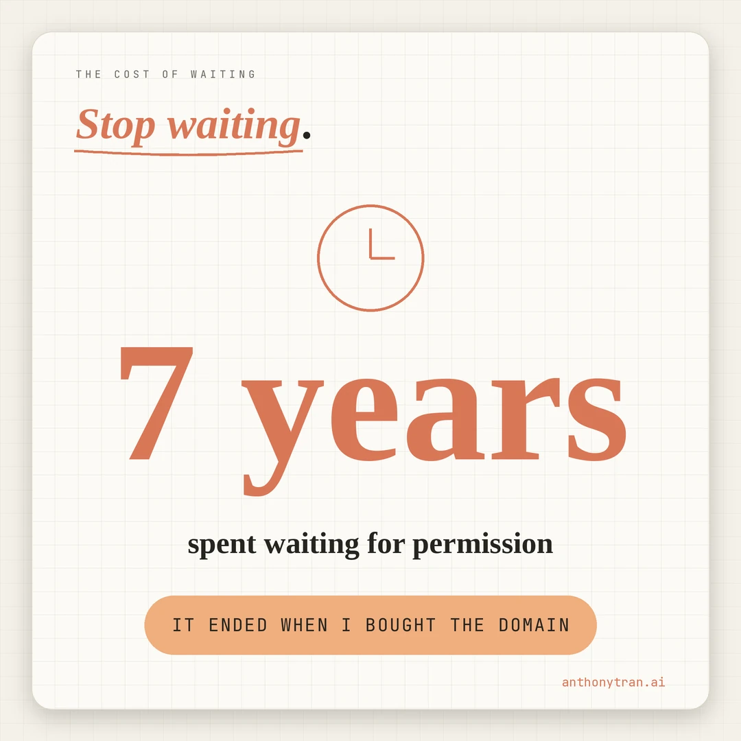 A single stat: seven years built nothing online while waiting for permission. It ended the day I bought the domain. One action beats waiting.