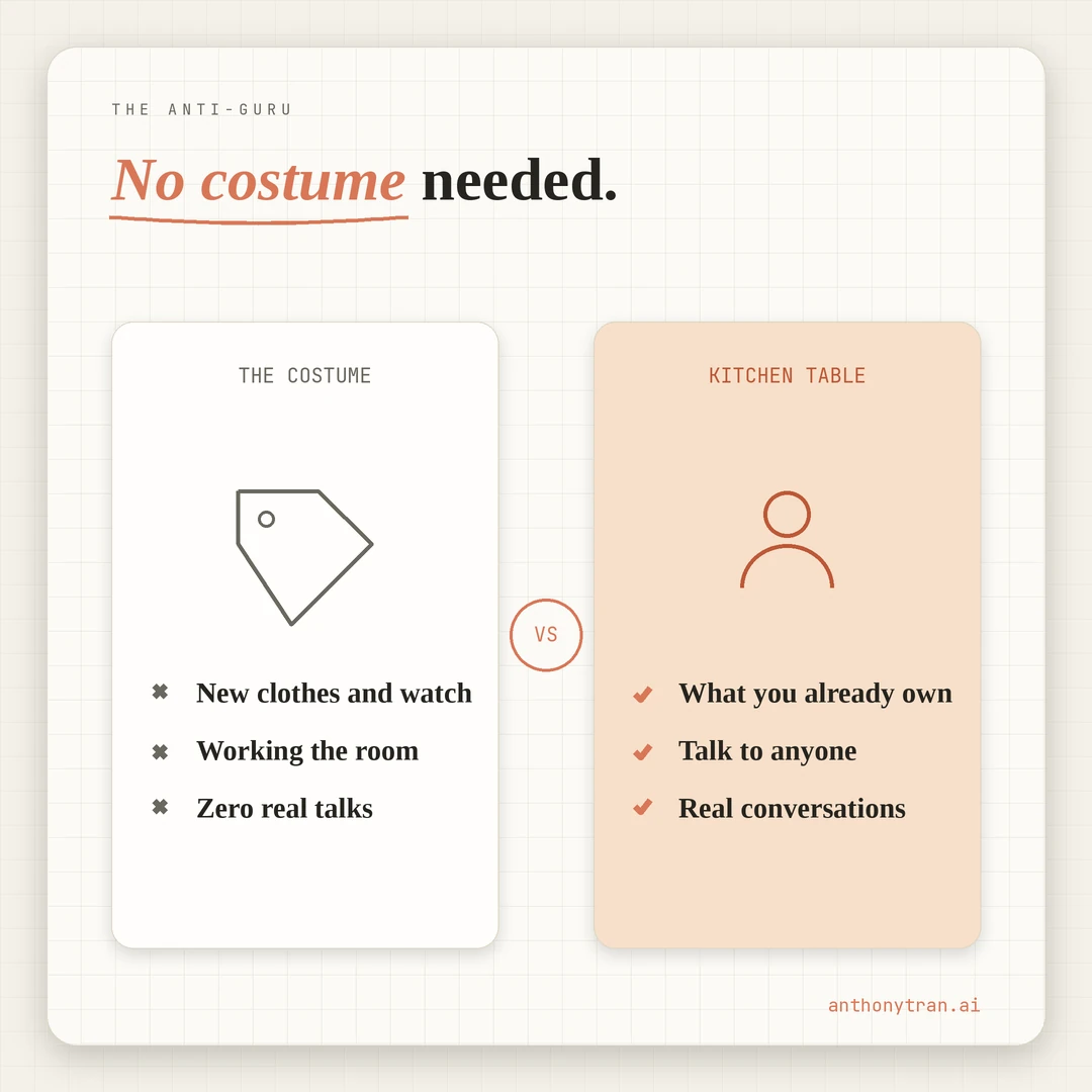 A contrast between the costume (new clothes and watch, working the room, zero real conversations) and the kitchen table (what you already own, talking to whoever sits next to you, two real conversations).