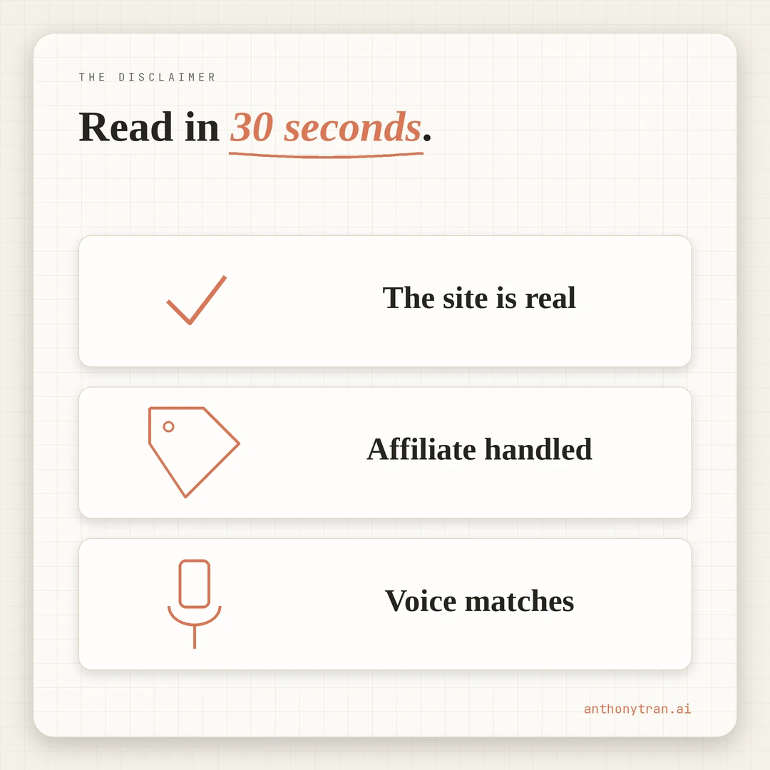 Three things a reader learns in 30 seconds from a disclaimer page: the site is real, affiliate terms were handled early, and the voice matches the rest of the site.