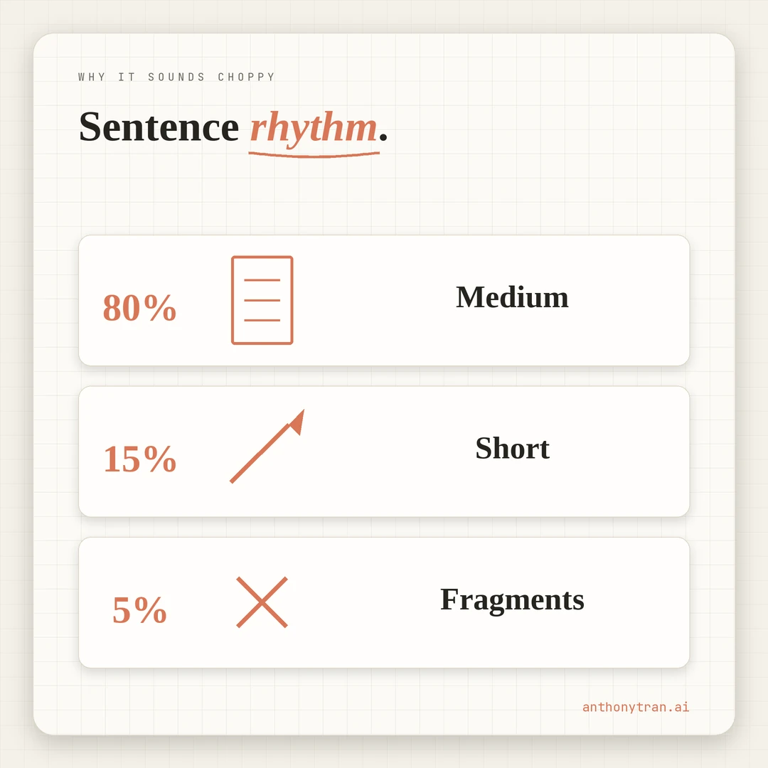 A proportional bar showing a sentence-length rhythm: about 80 percent medium sentences for structure, 15 percent short for emphasis, 5 percent fragments earned only. Vary it, or it reads like AI.
