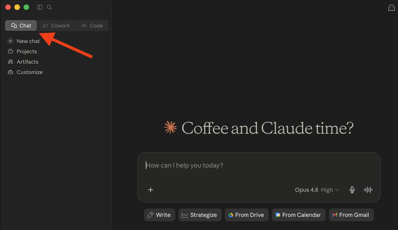 The Claude desktop app in Chat mode, with an arrow pointing at the Chat tab above the sidebar and a message box asking how can I help you today.