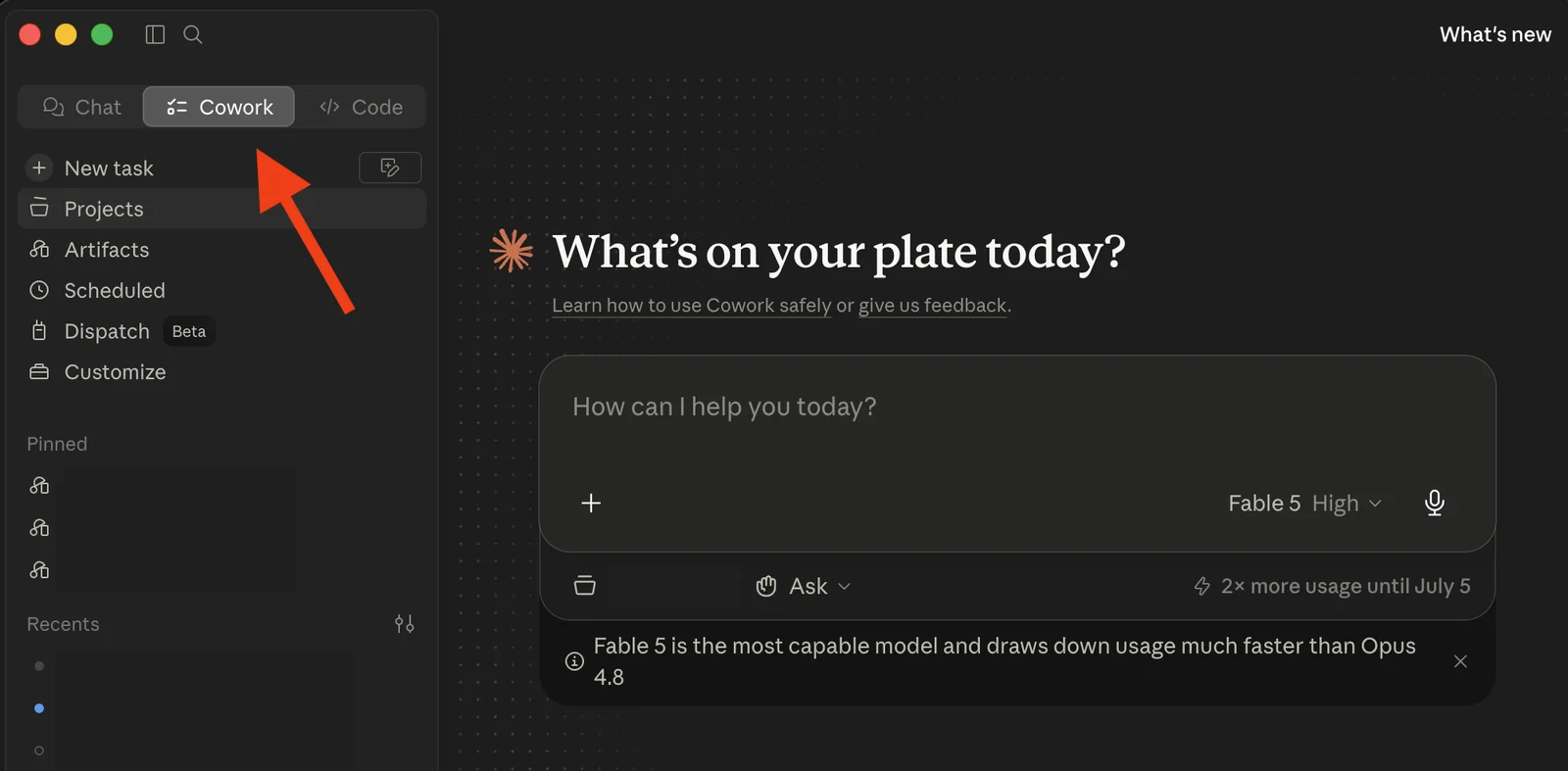 The Claude desktop app in Cowork mode, with an arrow pointing at the Cowork tab, a sidebar with tasks, projects, and scheduled items, and a prompt asking what is on your plate today.