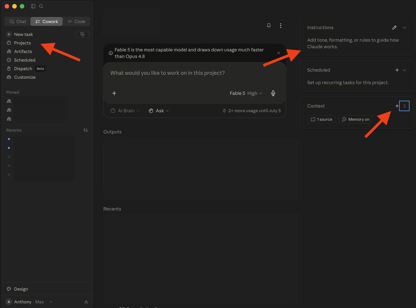 A Cowork project screen with arrows pointing to the Projects menu, the instructions panel for tone and rules, and the context panel showing sources and memory.
