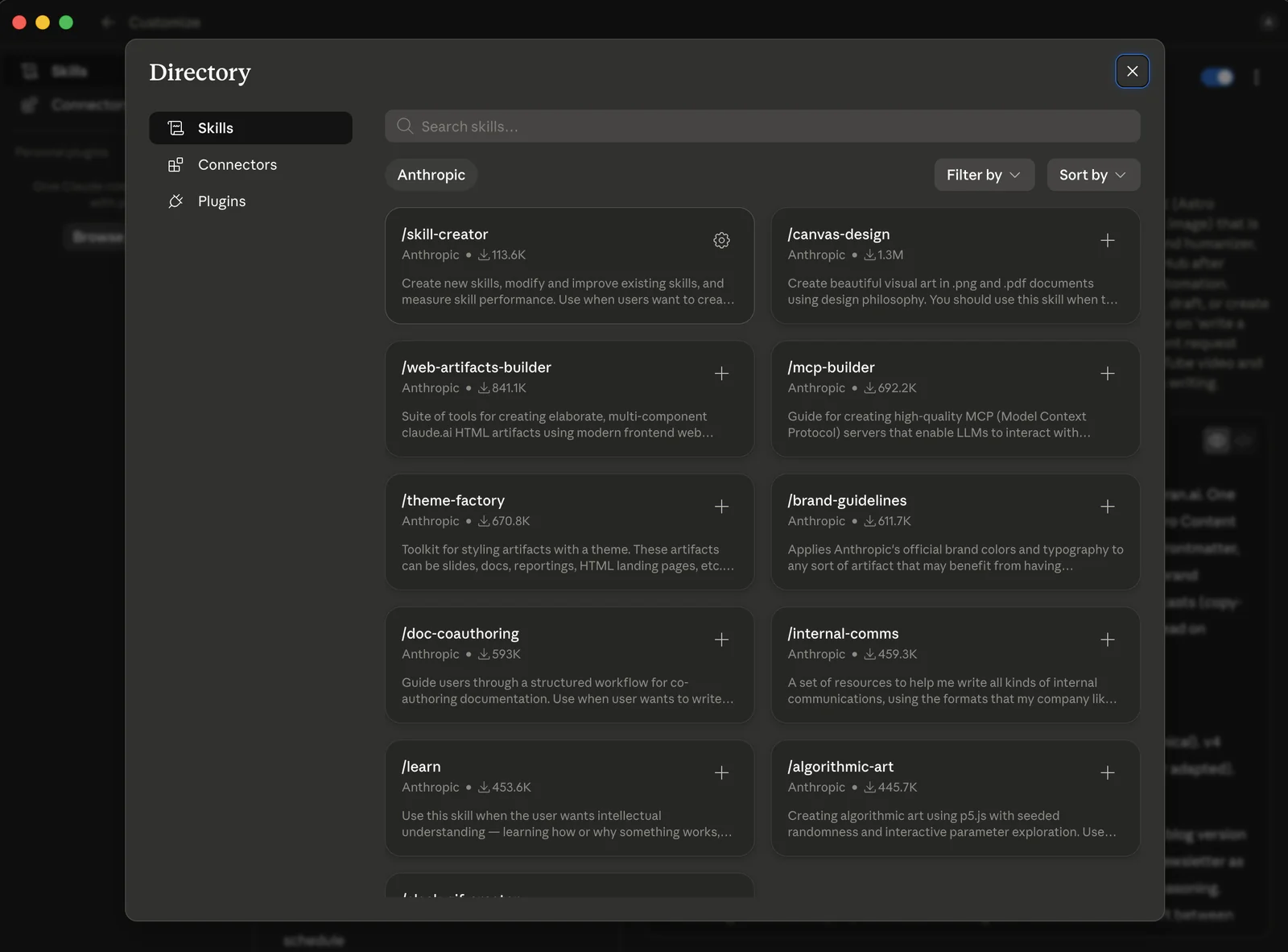 The Skills Directory inside Claude's Customize tab, showing a searchable grid of ready-made Anthropic Skills like skill-creator, canvas-design, and brand-guidelines, each with a plus button to add it.