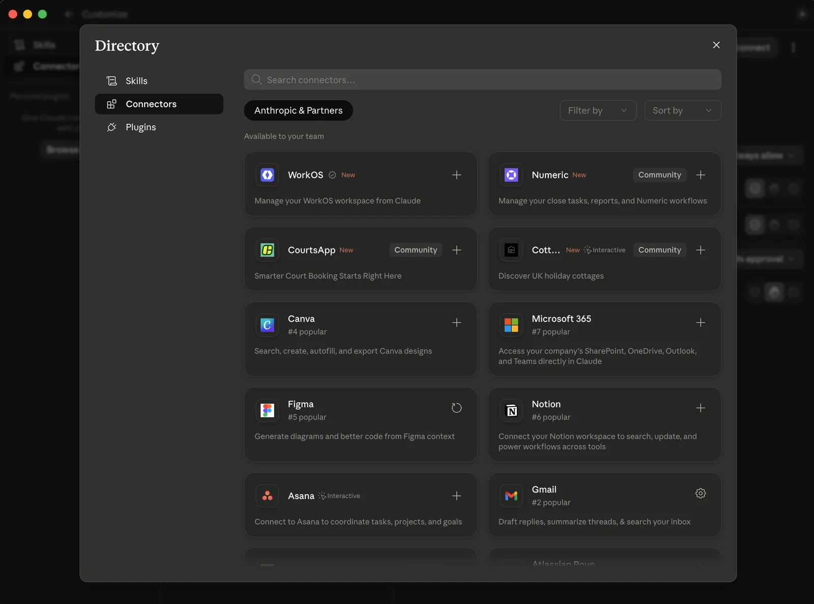 The Connectors Directory inside Claude, showing a searchable grid of tools like Canva, Microsoft 365, Figma, Notion, Asana, and Gmail, each with a plus button to connect it.