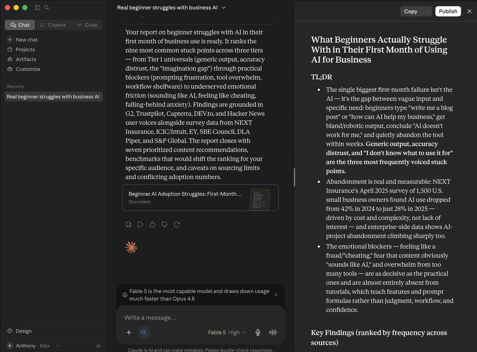 The finished Research report open beside the chat, titled What Beginners Actually Struggle With in Their First Month of Using AI for Business, with a summary and key findings.