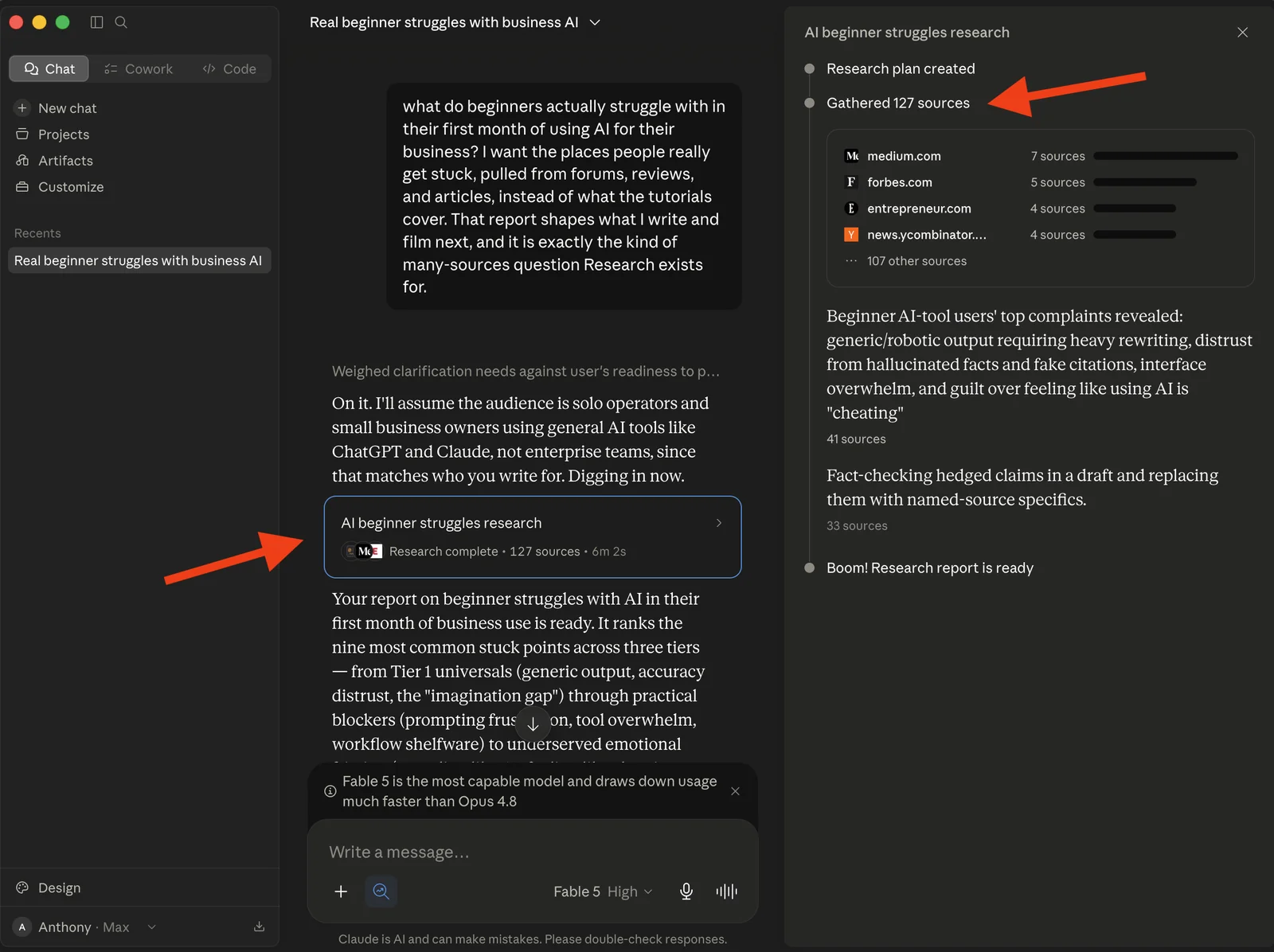 A Research run in Claude, with the question about beginner AI struggles, a progress panel showing a research plan and 127 sources gathered from sites like Medium, Forbes, and Hacker News, and an arrow pointing at the completed research card.