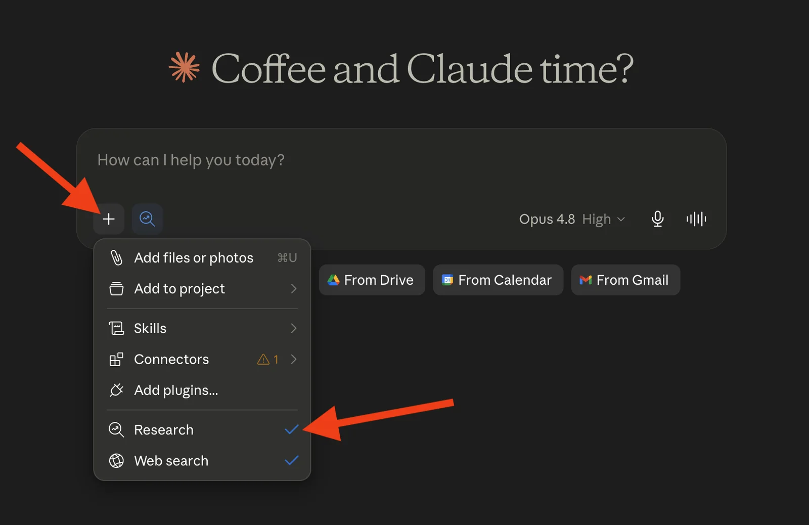 Claude's chat box with the plus menu open, showing Research and Web search both checked, with arrows pointing to the plus button and the Research option.