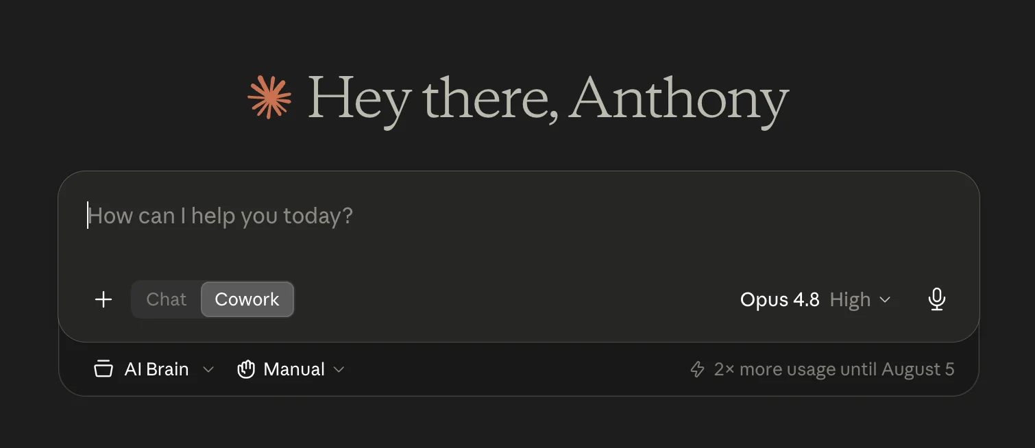The Claude desktop app home screen with a message box that reads how can I help you today, and a Chat and Cowork toggle underneath it with Cowork selected.