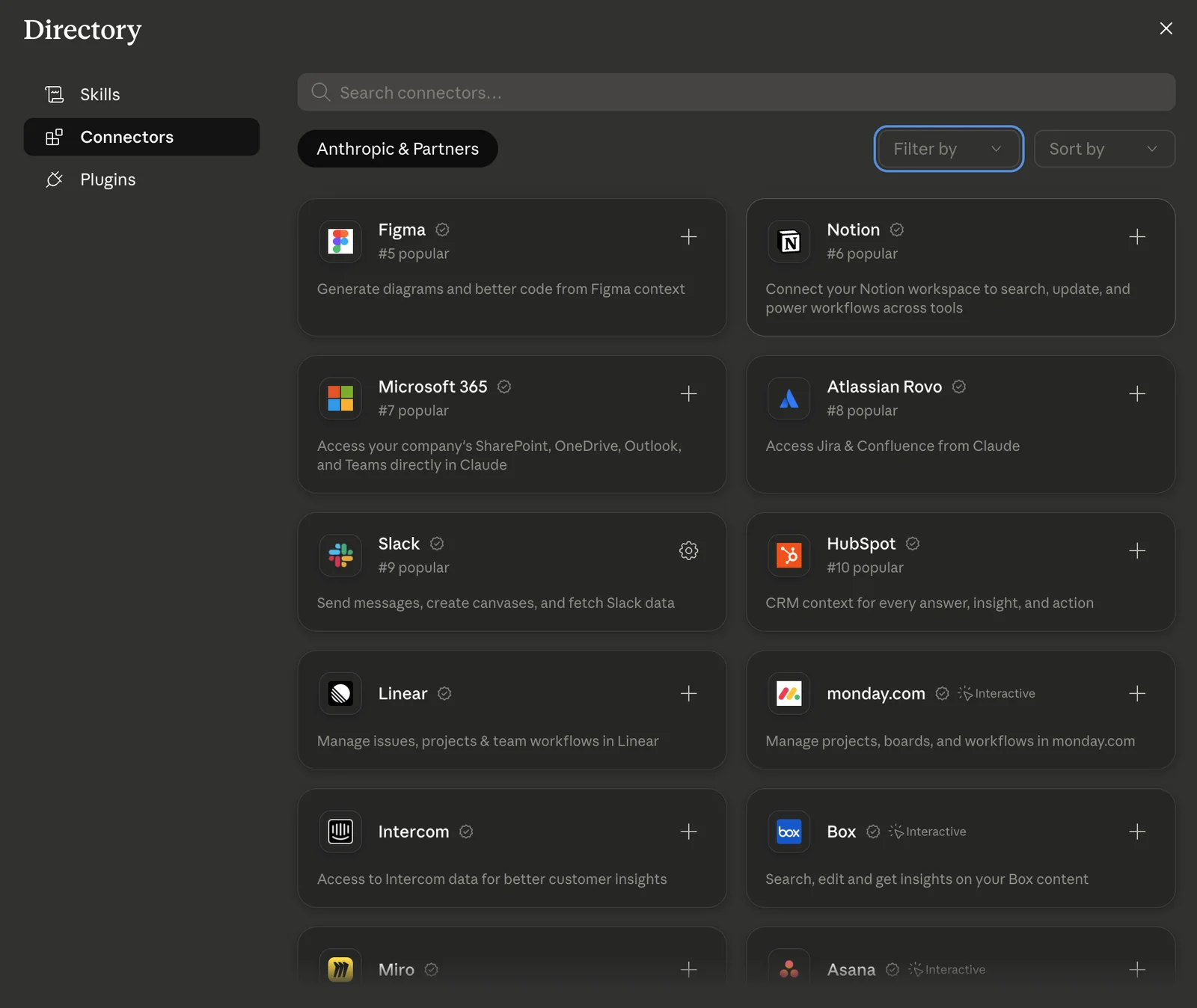 The Claude Connectors directory, showing app connectors you can add like Microsoft 365, Slack, Notion, HubSpot, Google Drive, Box, Linear, and Asana, each with a plus button to connect it.