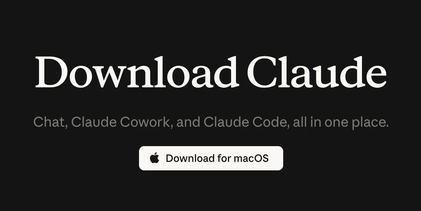 The Download Claude page on a dark background with the heading Download Claude, a line reading Chat, Claude Cowork, and Claude Code, all in one place, and a Download for macOS button.