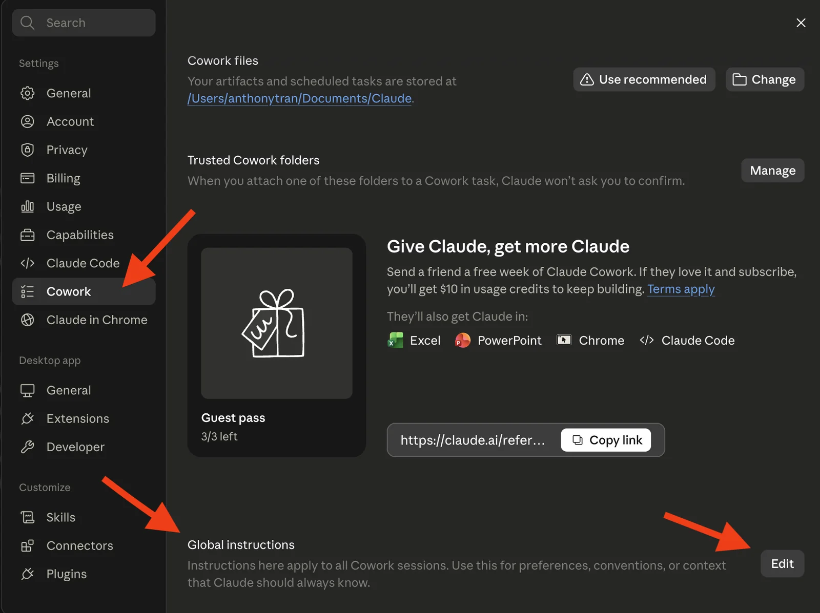The Claude Settings panel open to the Cowork tab, with a Global instructions section at the bottom and an Edit button. The caption reads that instructions here apply to all Cowork sessions.