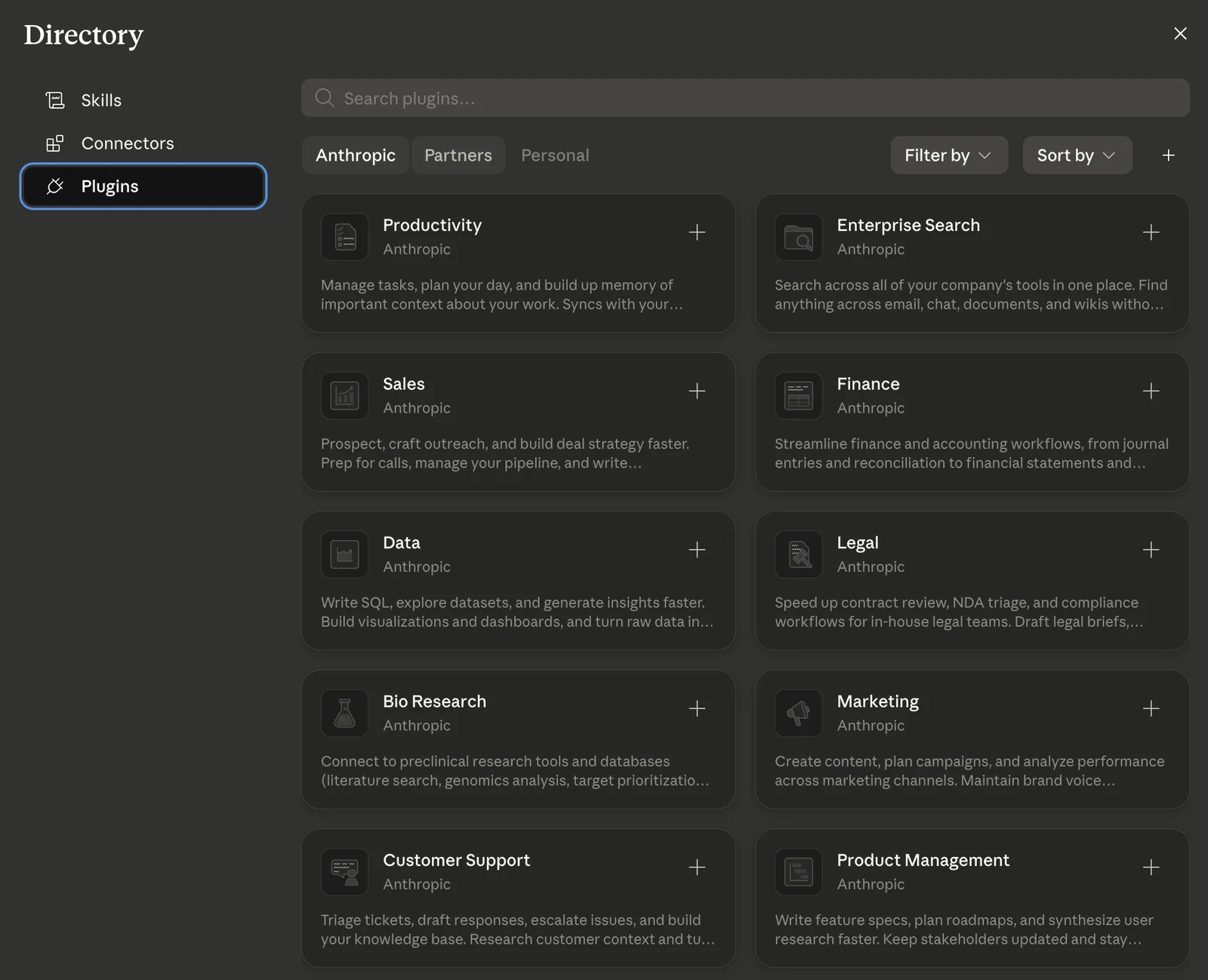 The Claude plugins directory, showing role-based plugin cards from Anthropic like Productivity, Sales, Finance, Legal, Marketing, and Customer Support, each with a plus button to add it.