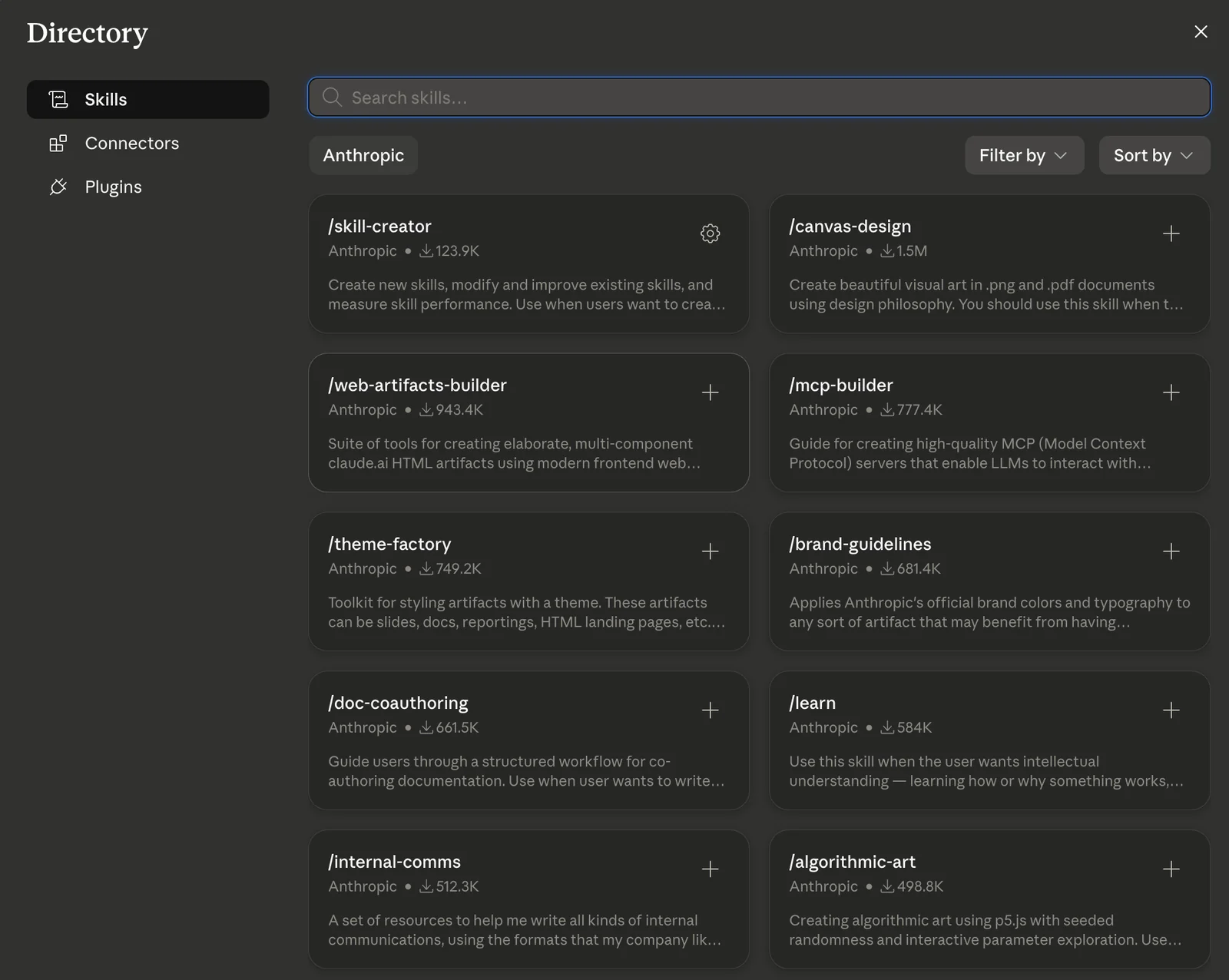 The Claude skills directory, a grid of skill cards like skill-creator, canvas-design, web-artifacts-builder, and brand-guidelines, each with a download count and a plus button to add it.