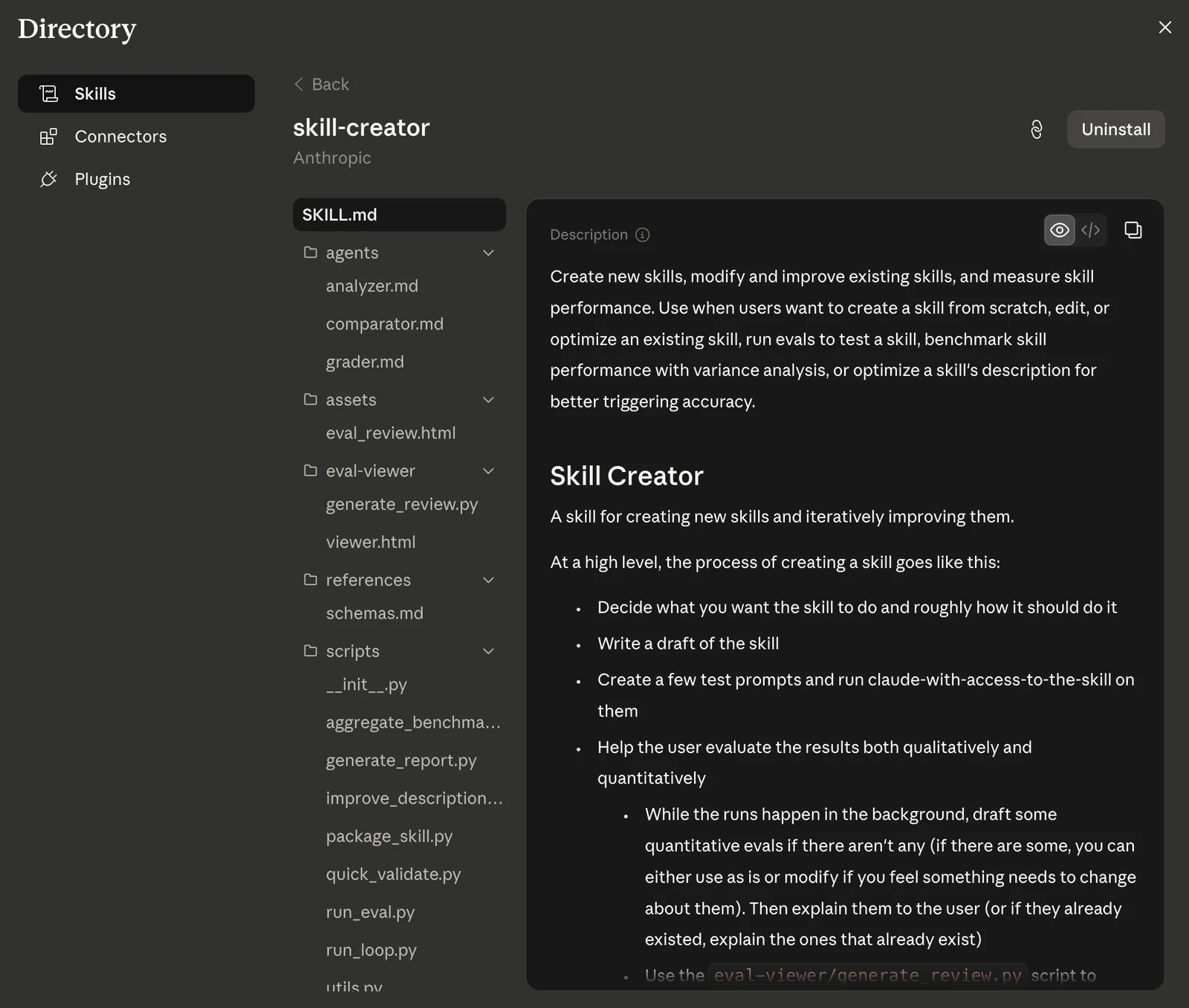 The skill-creator skill open in the Claude directory. It is by Anthropic and has an Uninstall button, a file tree with SKILL.md plus agents, assets, references, and scripts folders, and a description saying it creates, improves, and tests skills.