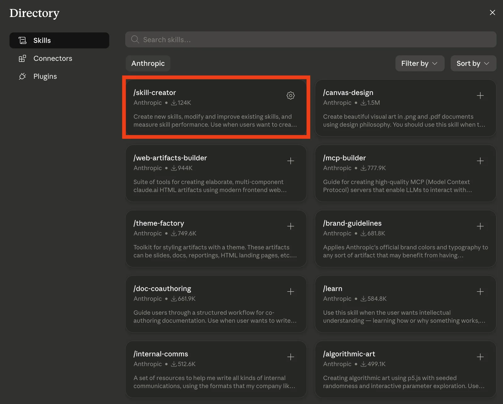 The Claude skills directory, a grid of Anthropic skills like canvas-design, web-artifacts-builder, and brand-guidelines, with the skill-creator card highlighted by a red box as the one skill picked from the whole directory.