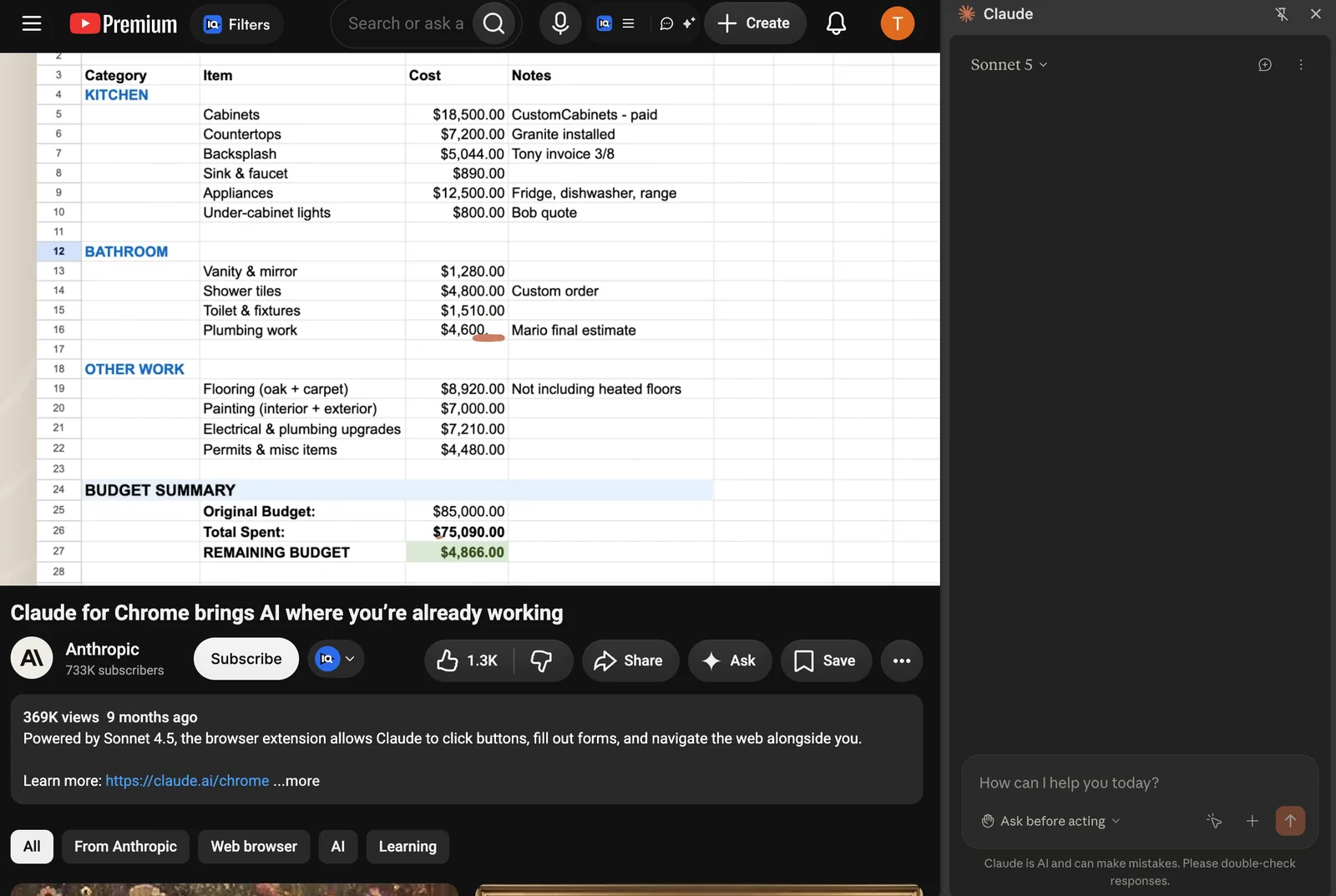 A Chrome browser with a web page open on the left and the Claude side panel docked on the right, showing a message box that reads how can I help you today and an Ask before acting control.