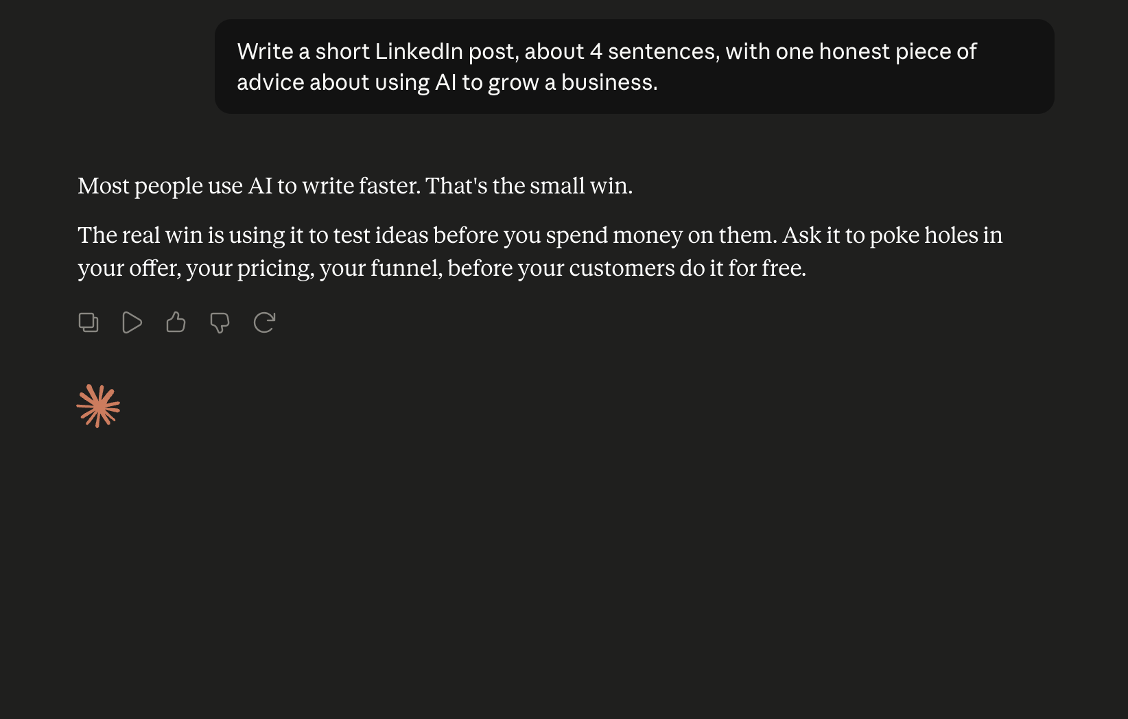 The same prompt in Claude with the AI Starter Kit setup: short sentences, no em dashes, in your voice.